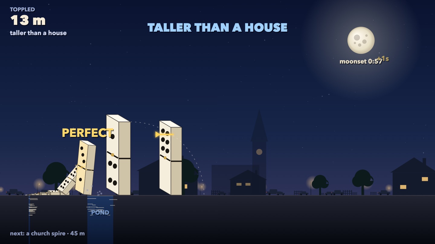 Two tall dominoes stand past a pond, one marked PERFECT, a banner reads TALLER THAN A HOUSE, and the Moon in the corner reads moonset 0:57.
